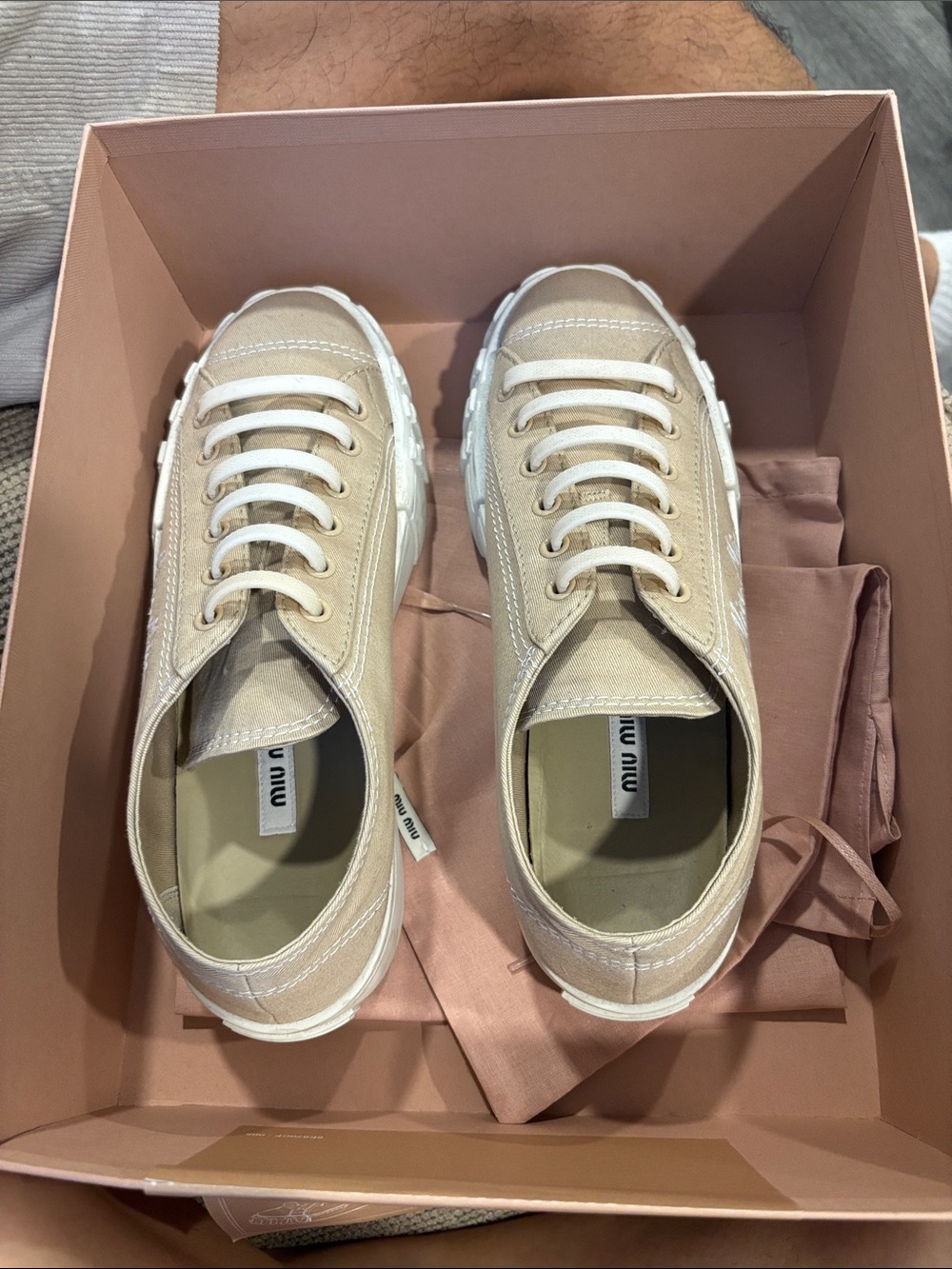 Miu Miu Cream Canvas Lace-Up Sneakers for Women